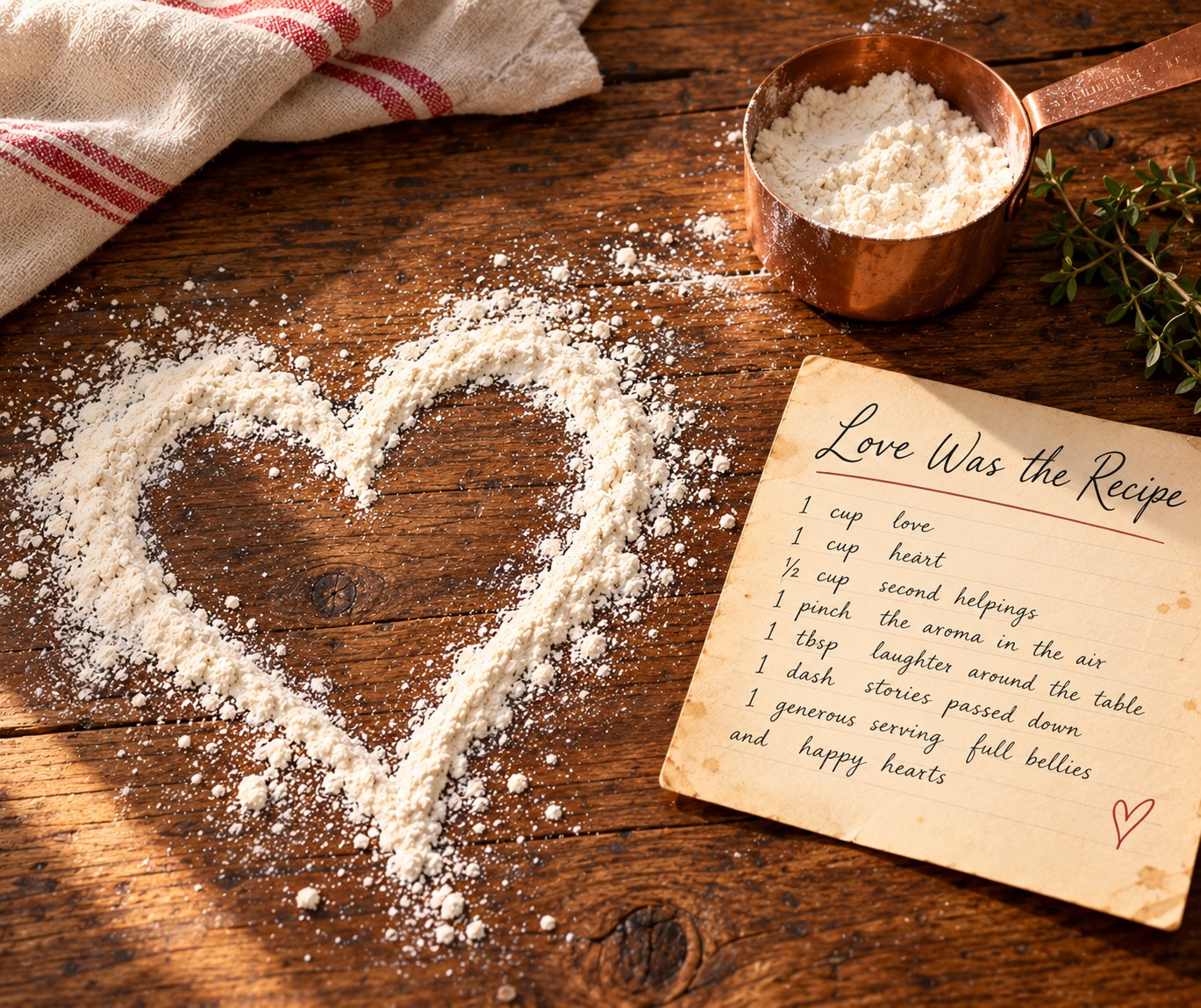 A heart drawn in flour on a wooden table beside a handwritten Love Was the Recipe card